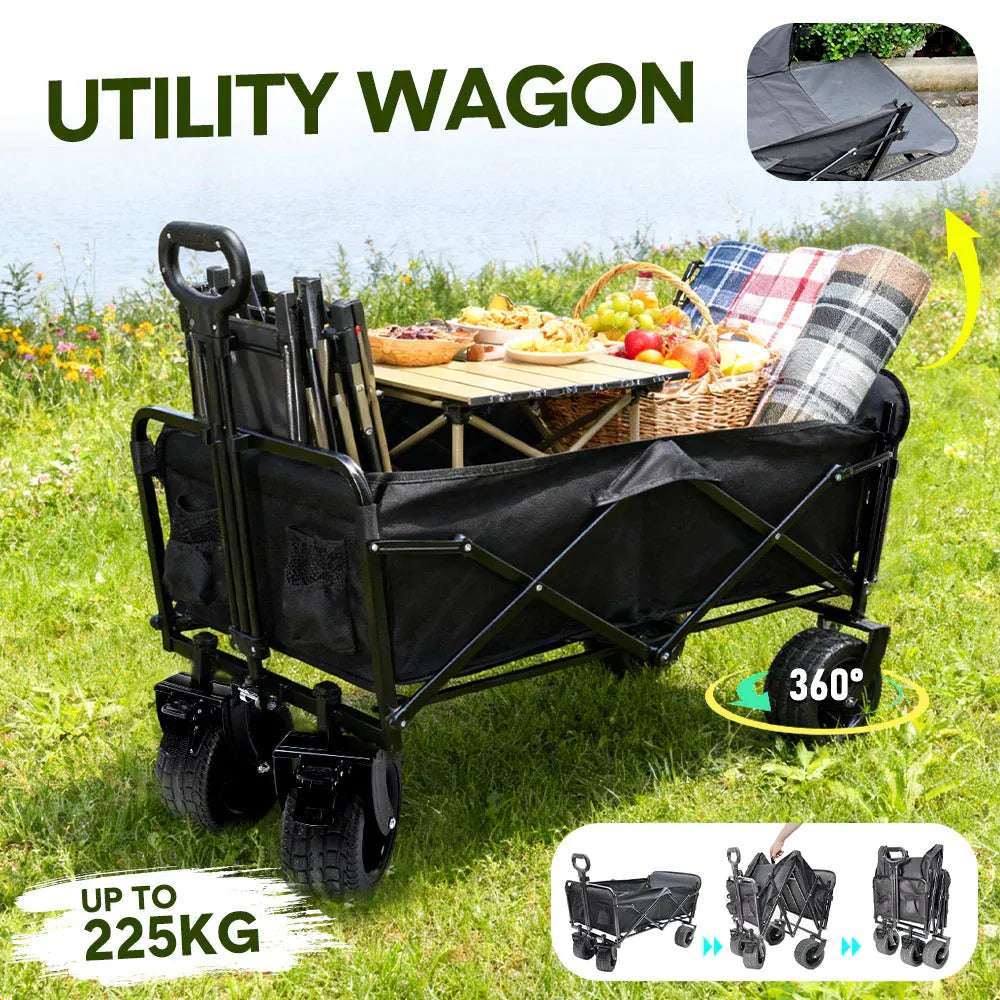 Foldable Camping Wagon 150L Portable Hand Trolley with All-Terrain Wheels and Tailgate For Outdoor Picnic Shopping Sports Max Load 200Kg Utility Cart