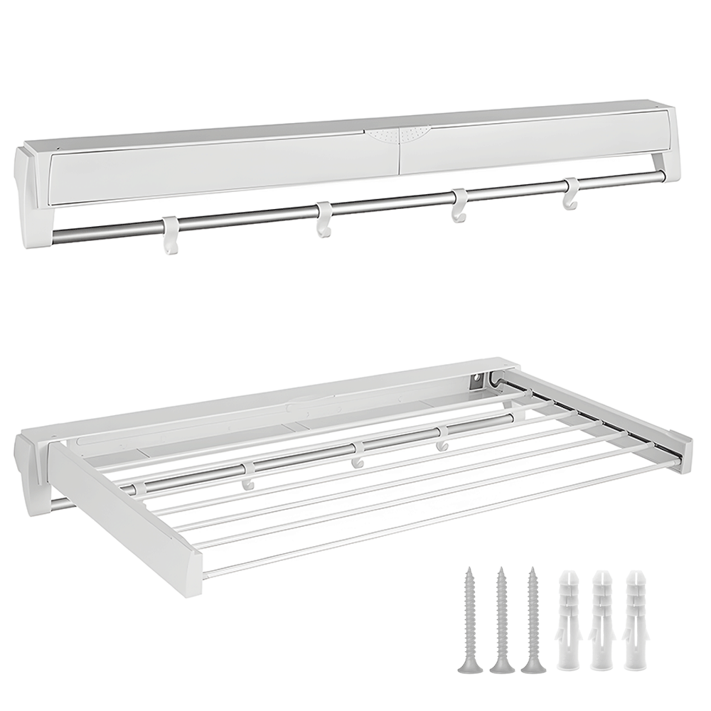 Clothing & Wardrobe Storage: Alston Wall Mounted Drying Rack Clothes Airer Space Saver Folding Dryer Bearing Capacity 12KG Foldable Rail With Hooks Indoor Outdoor Balcony Laundry White