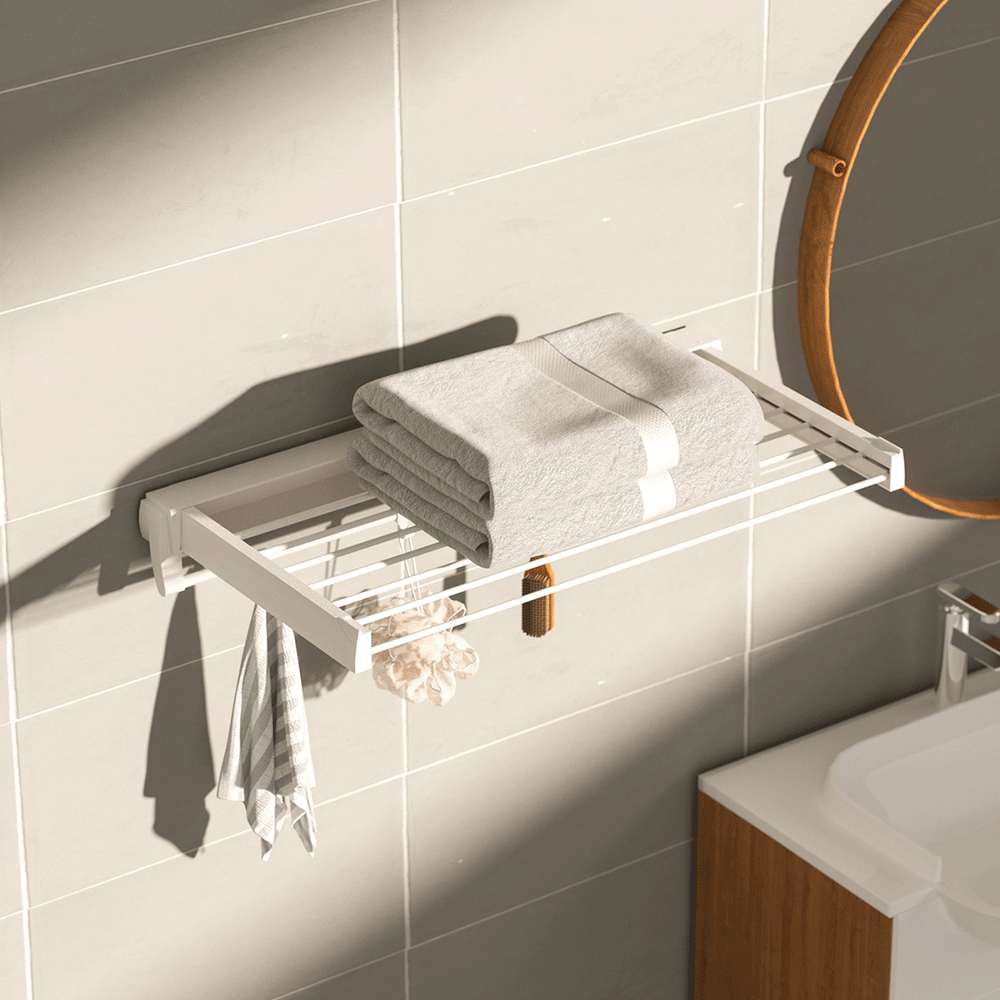 Clothing & Wardrobe Storage: Alston Wall Mounted Drying Rack Clothes Airer Space Saver Folding Dryer Bearing Capacity 12KG Foldable Rail With Hooks Indoor Outdoor Balcony Laundry White