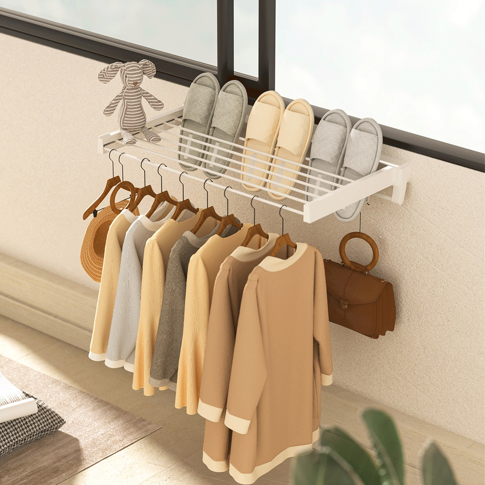 Clothing & Wardrobe Storage: Alston Wall Mounted Drying Rack Clothes Airer Space Saver Folding Dryer Bearing Capacity 12KG Foldable Rail With Hooks Indoor Outdoor Balcony Laundry White
