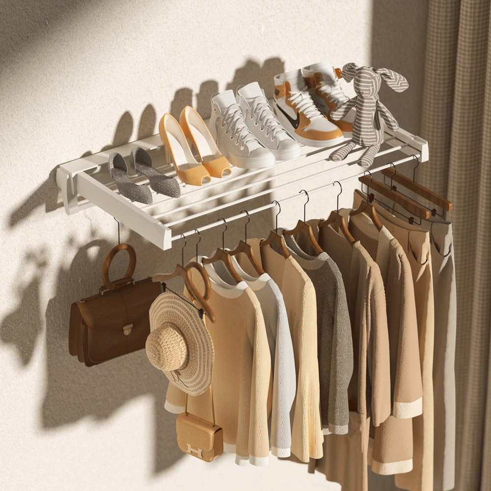 Clothing & Wardrobe Storage: Alston Wall Mounted Drying Rack Clothes Airer Space Saver Folding Dryer Bearing Capacity 12KG Foldable Rail With Hooks Indoor Outdoor Balcony Laundry White