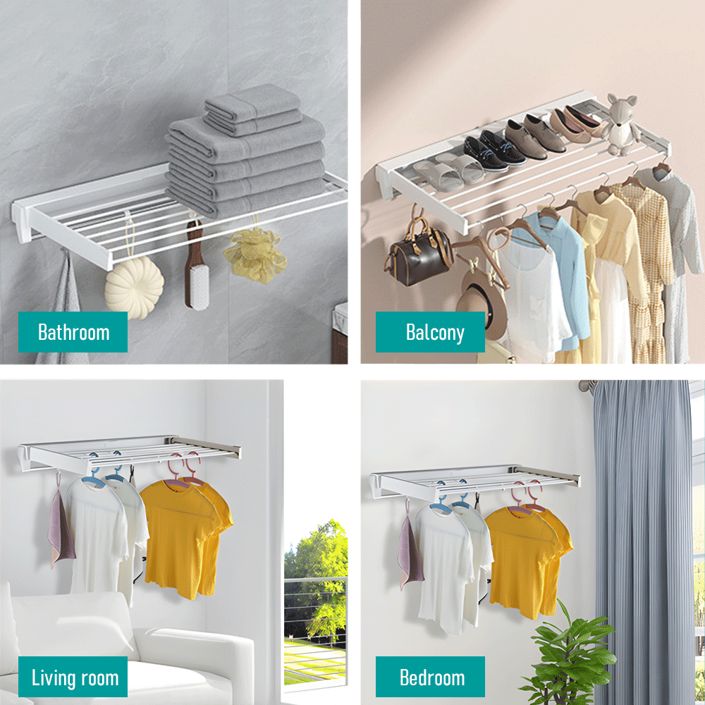 Clothing & Wardrobe Storage: Alston Wall Mounted Drying Rack Clothes Airer Space Saver Folding Dryer Bearing Capacity 12KG Foldable Rail With Hooks Indoor Outdoor Balcony Laundry White