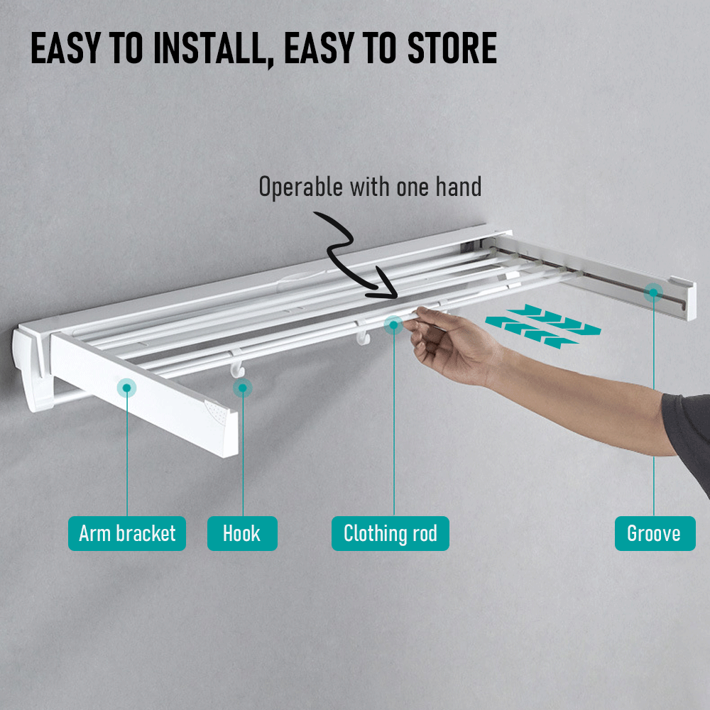 Clothing & Wardrobe Storage: Alston Wall Mounted Drying Rack Clothes Airer Space Saver Folding Dryer Bearing Capacity 12KG Foldable Rail With Hooks Indoor Outdoor Balcony Laundry White