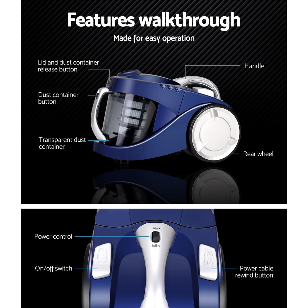 Stick Vacuums: Devanti 2200W Bagless Vacuum Cleaner Blue