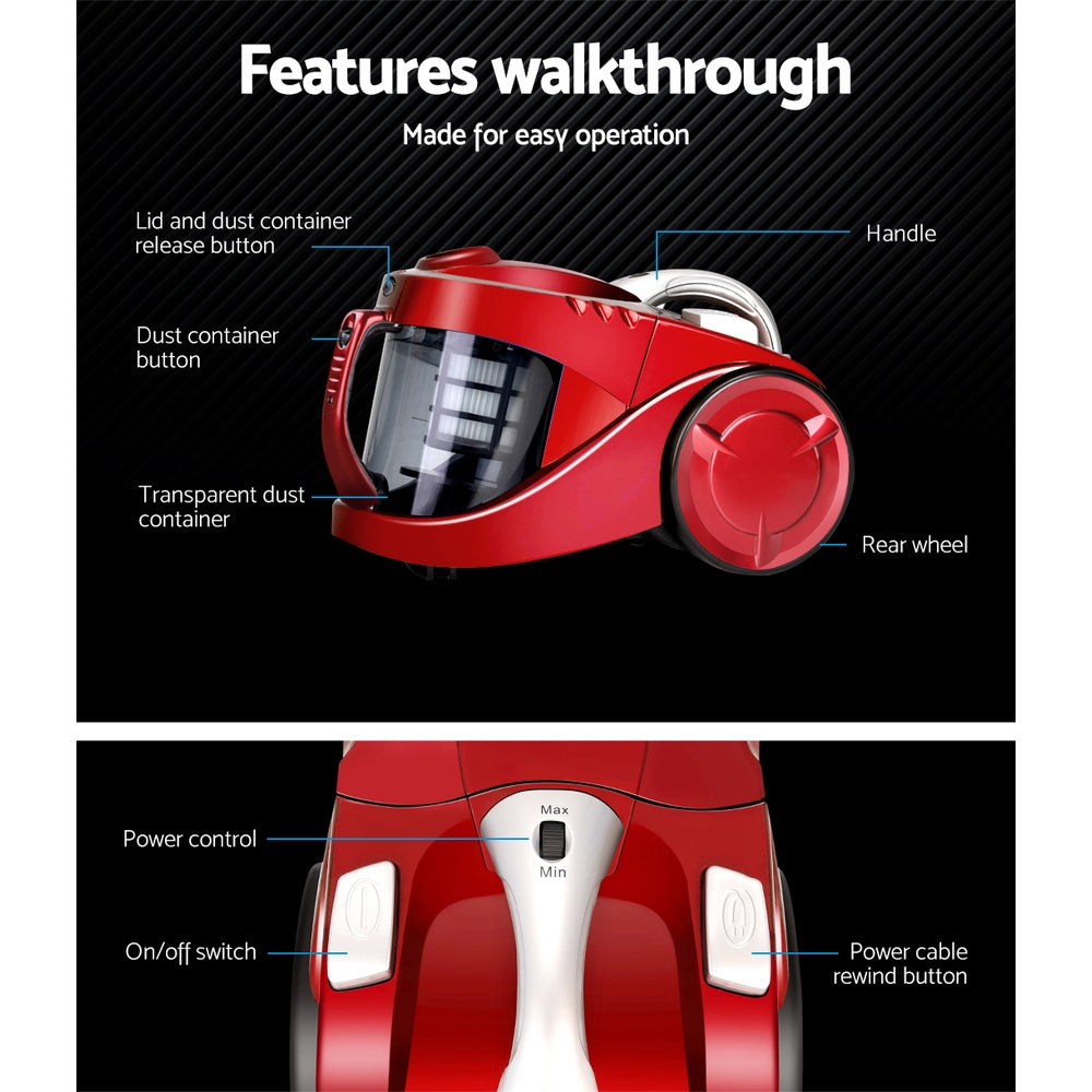 Stick Vacuums: Devanti 2200W Bagless Vacuum Cleaner Red