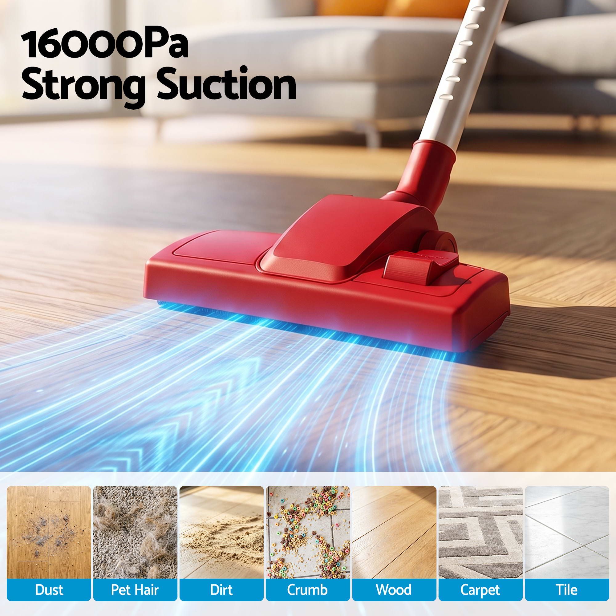 Devanti 3-in-1 Corded Stick Vacuum Cleaner, 16000Pa Strong Suction, Red