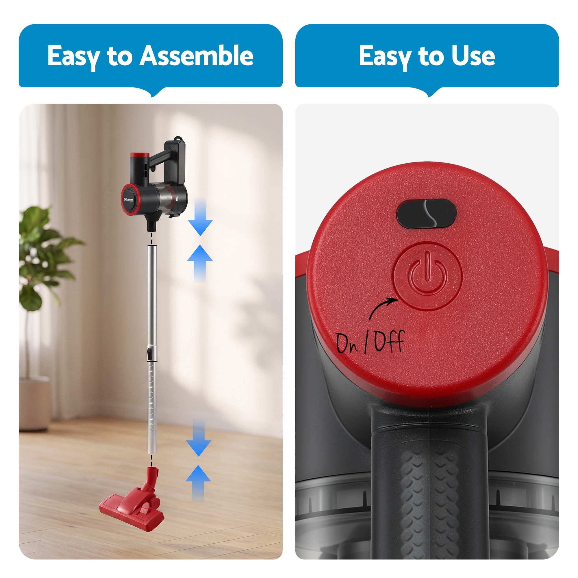 Devanti 3-in-1 Corded Stick Vacuum Cleaner, 16000Pa Strong Suction, Red