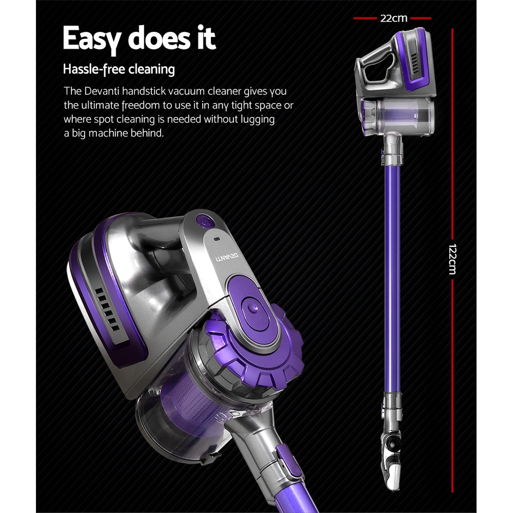 Stick Vacuums: Devanti Stick Vacuum Cleaner Bagless Cordless 150W Purple