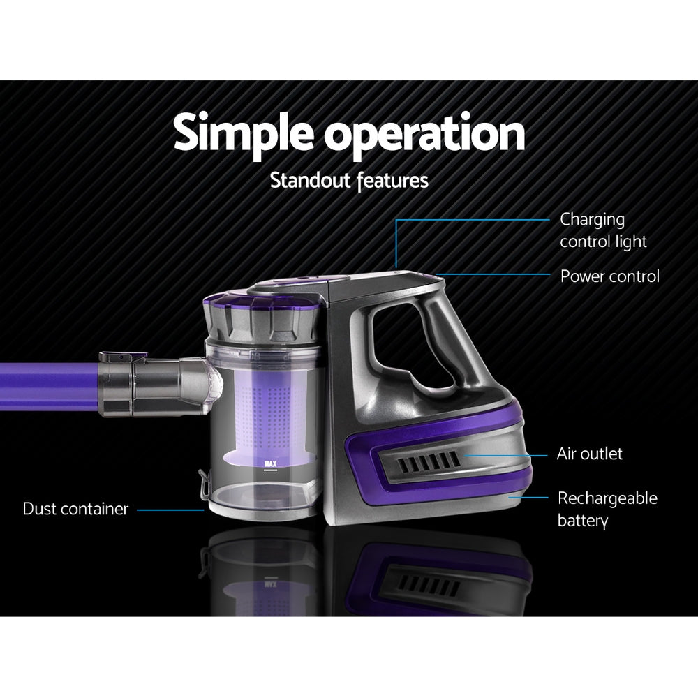 Stick Vacuums: Devanti Stick Vacuum Cleaner Bagless Cordless 150W Purple