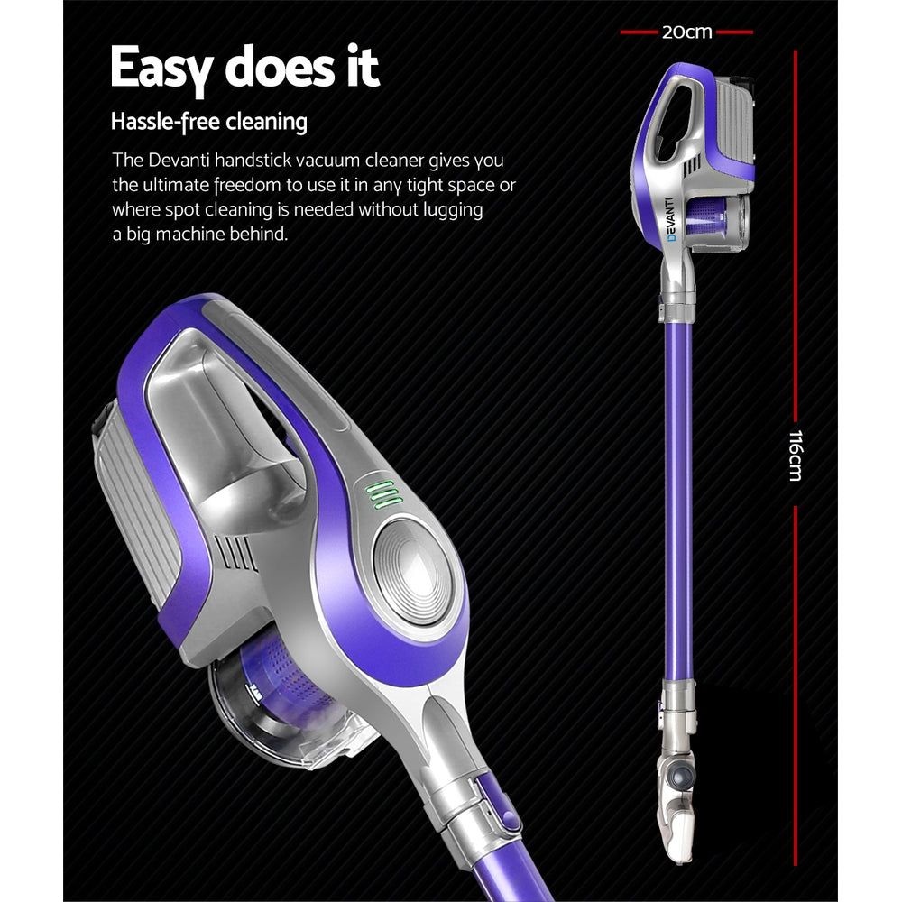 Stick Vacuums: Devanti Stick Vacuum Cleaner Bagless Cordless 150W Purple