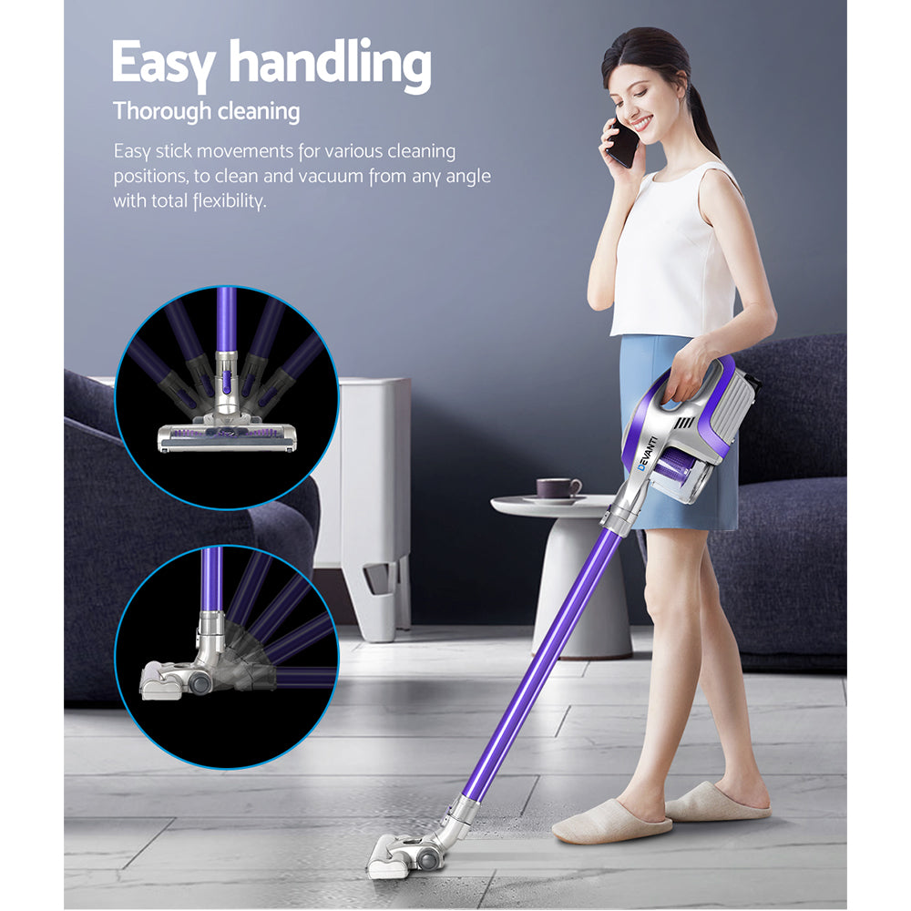 Stick Vacuums: Devanti Stick Vacuum Cleaner Bagless Cordless 150W Purple