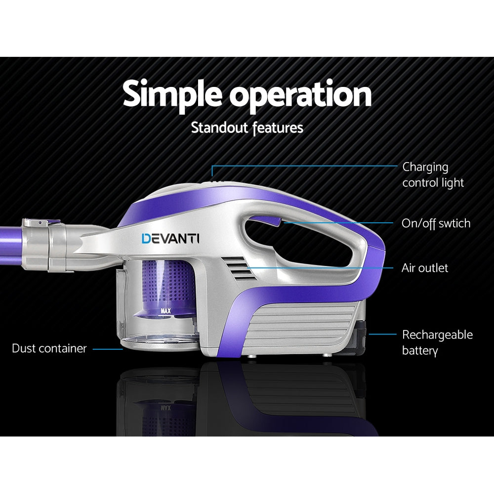 Stick Vacuums: Devanti Stick Vacuum Cleaner Bagless Cordless 150W Purple