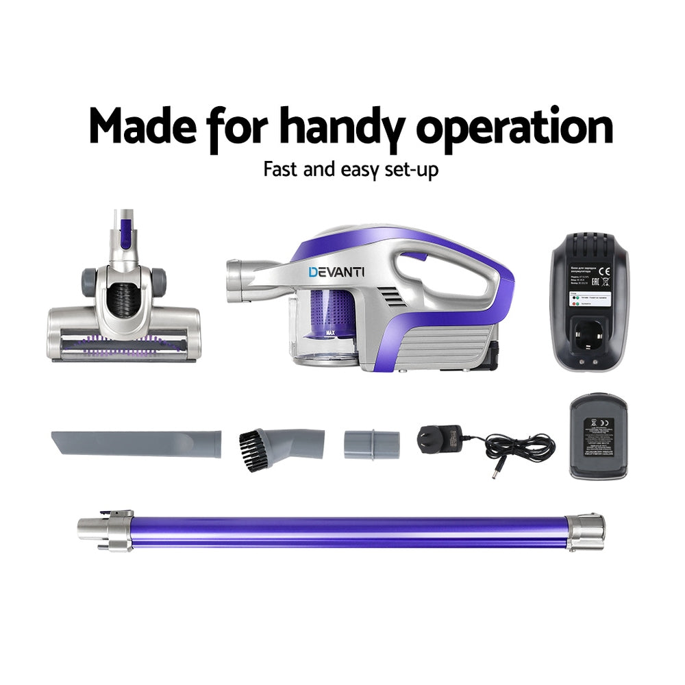 Stick Vacuums: Devanti Stick Vacuum Cleaner Bagless Cordless 150W Purple