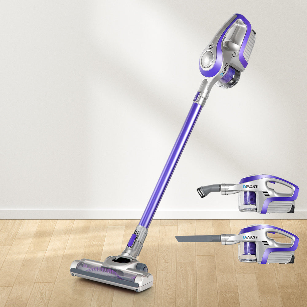 Stick Vacuums: Devanti Stick Vacuum Cleaner Bagless Cordless 150W Purple