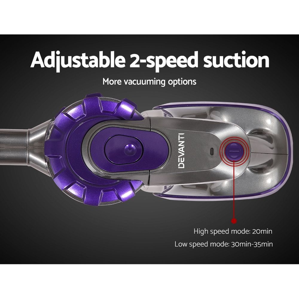 Stick Vacuums: Devanti Stick Vacuum Cleaner Cordless Roller Brush 150W Purple