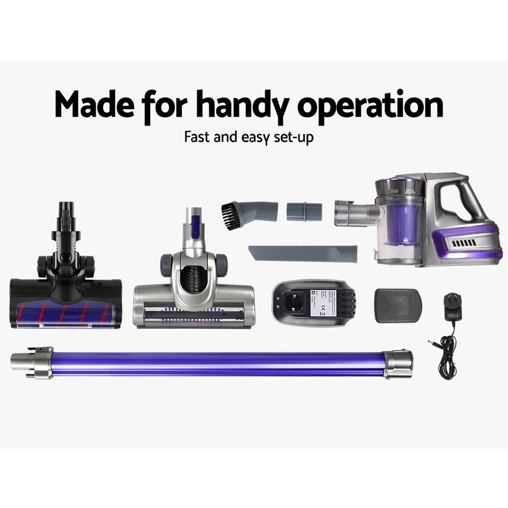 Stick Vacuums: Devanti Stick Vacuum Cleaner Cordless Roller Brush 150W Purple