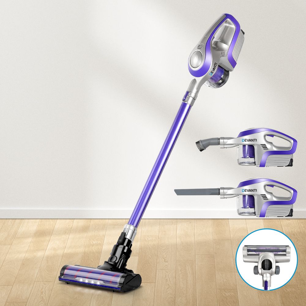 Stick Vacuums: Devanti Stick Vacuum Cleaner Roller Brush Cordless 150W Purple