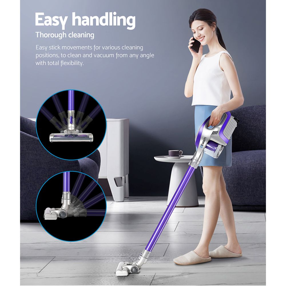 Stick Vacuums: Devanti Stick Vacuum Cleaner Roller Brush Cordless 150W Purple