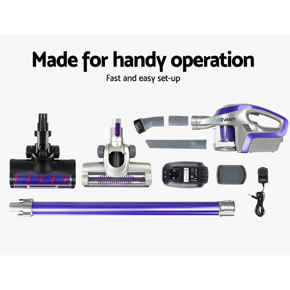 Stick Vacuums: Devanti Stick Vacuum Cleaner Roller Brush Cordless 150W Purple