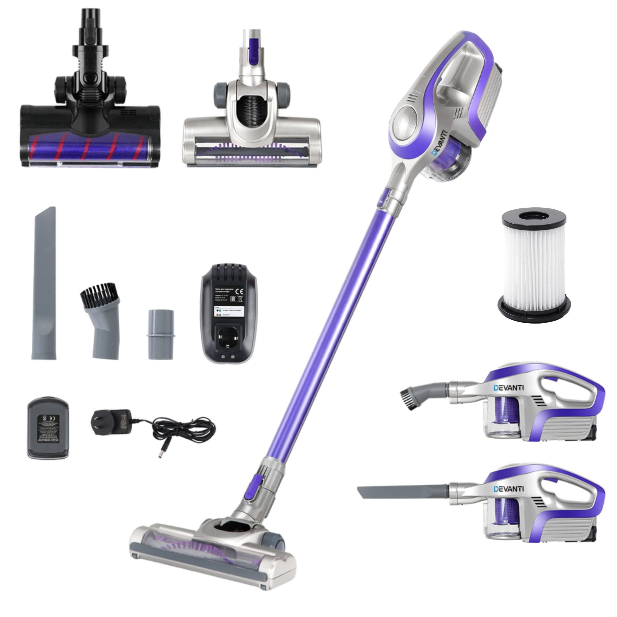 Stick Vacuums: Devanti Stick Vacuum Cleaner Roller Brush Cordless 150W Purple