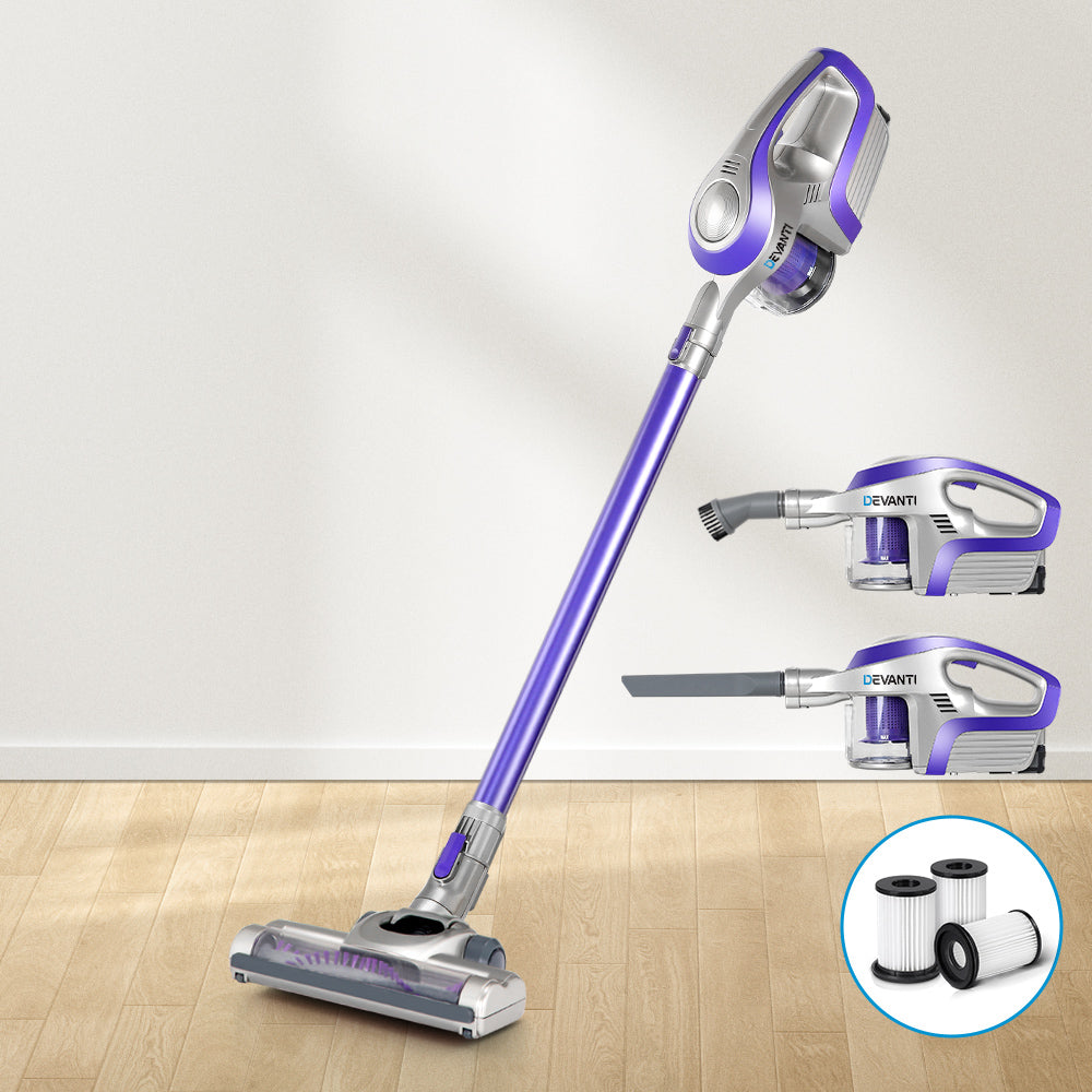 Stick Vacuums: Devanti Stick Vacuum Cleaner Cordless HEPA Filter Purple 150W
