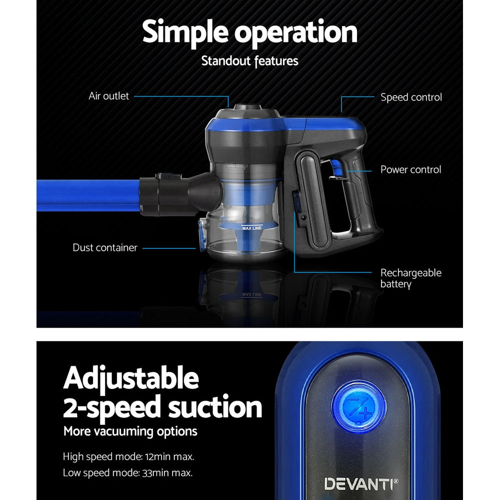 Stick Vacuums: Devanti Stick Vacuum Cleaner Brushless Cordless 250W Blue