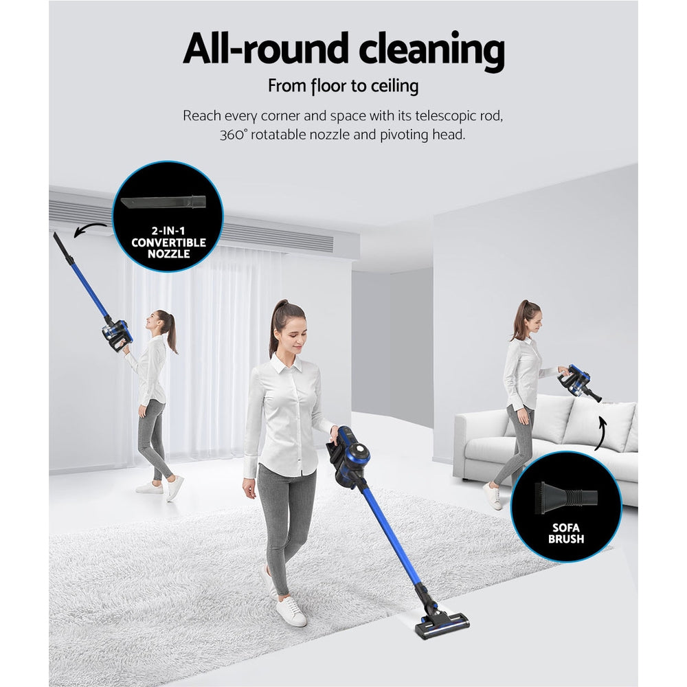 Stick Vacuums: Devanti Stick Vacuum Cleaner Brushless Cordless 250W Blue