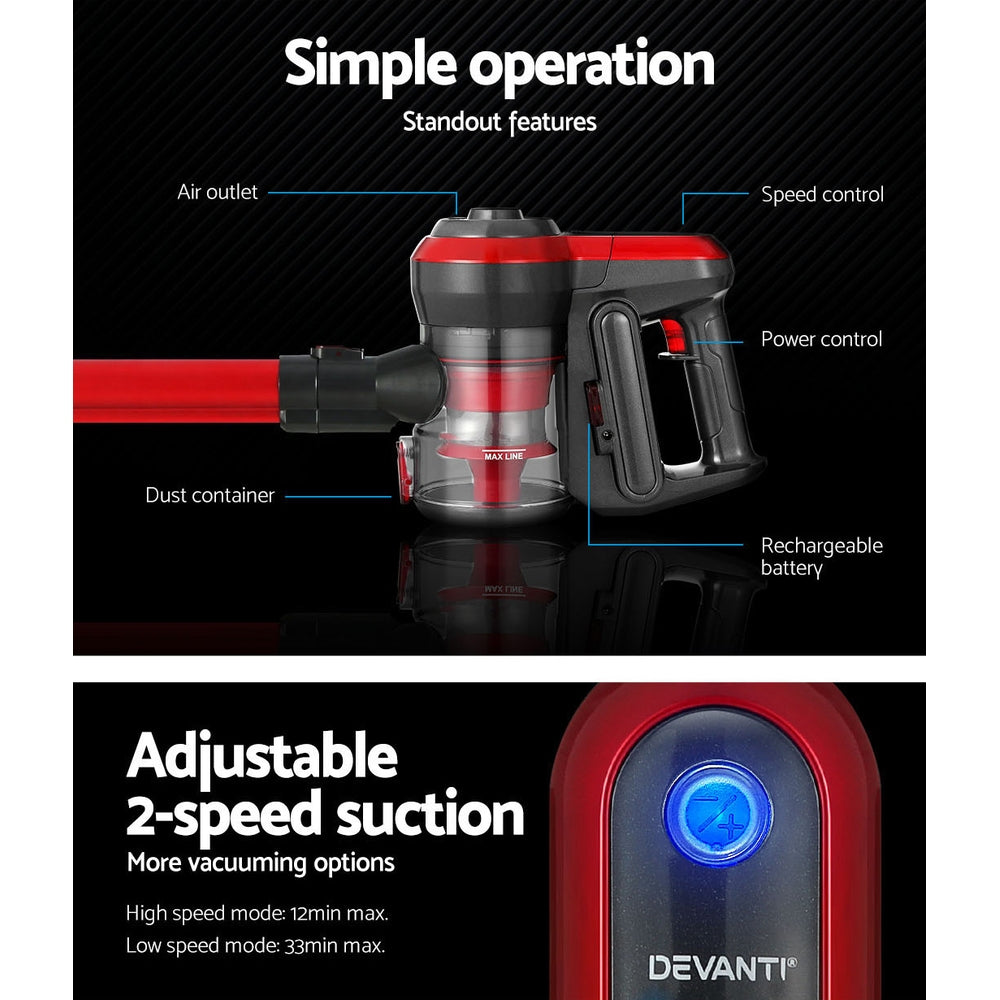 Stick Vacuums: Devanti Stick Vacuum Cleaner Brushless Cordless 250W Red