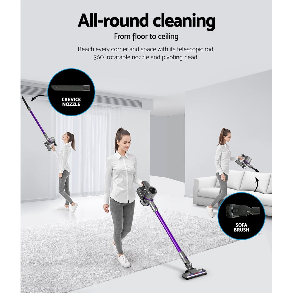Stick Vacuums: Devanti Stick Vacuum Cleaner Bagless Cordless 120W Purple