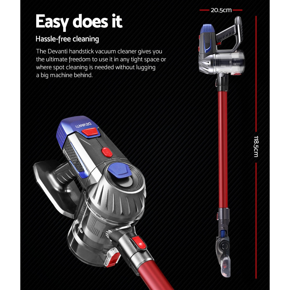 Stick Vacuums: Devanti Stick Vacuum Cleaner Bagless Cordless Red 150W