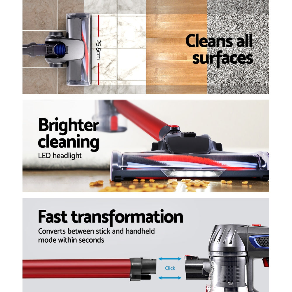 Stick Vacuums: Devanti Stick Vacuum Cleaner Bagless Cordless Red 150W