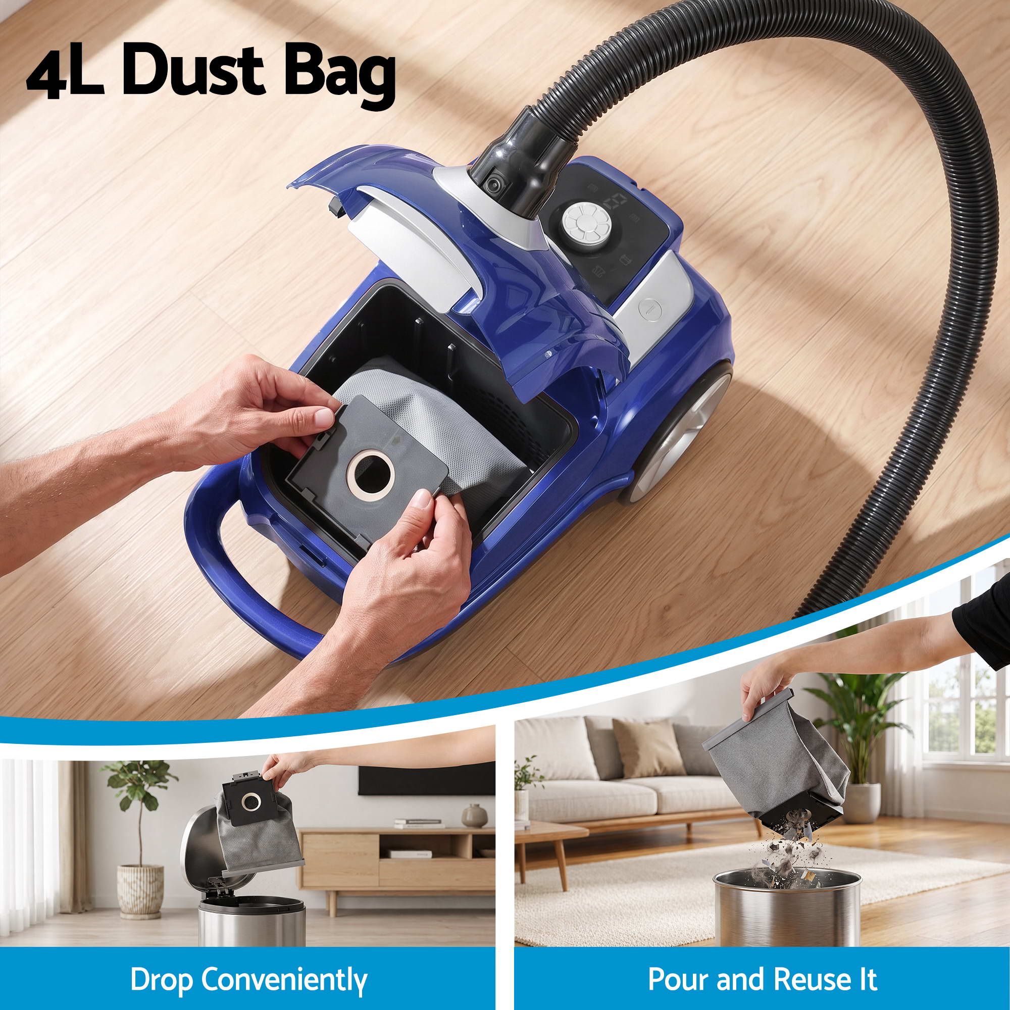 DEVANTI Bagged Vacuum Cleaner Powerful Suction for Carpet Wood Tile Floor