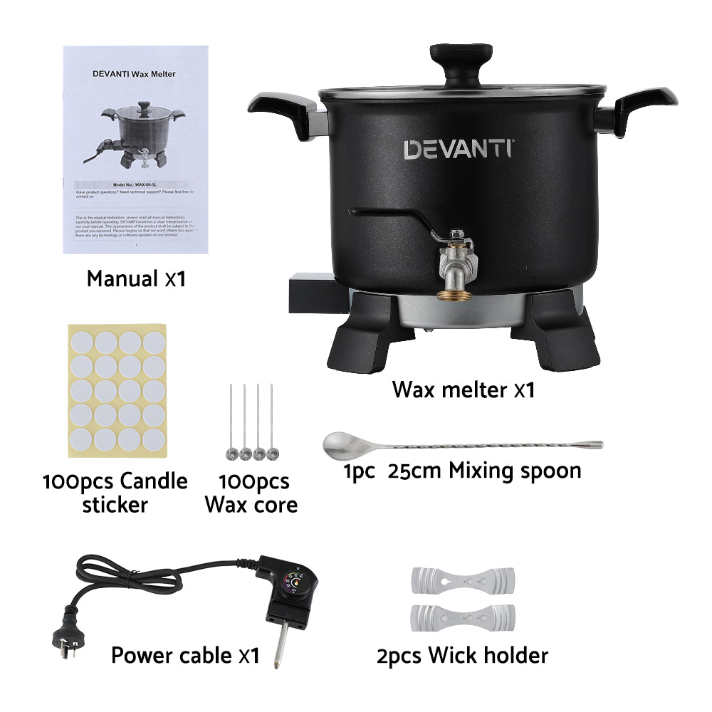 Candle Accessories: Devanti 5L Wax Melter Candle Making 1200W Melting Pot Furnace Quick Pour Spout Soy Soap