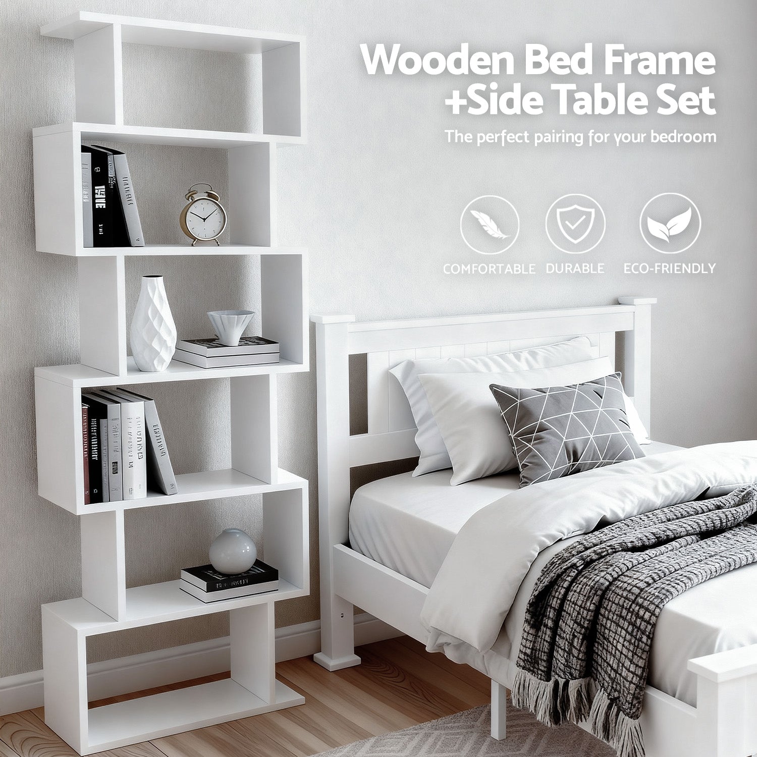 Beds & Bed Frames: Artiss King Single Bed Frame and Bookshelf