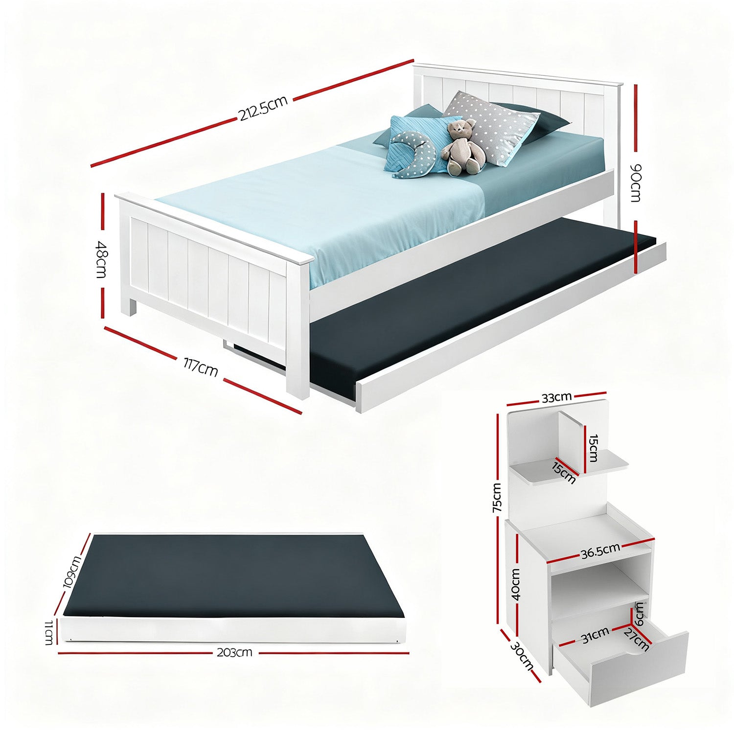Beds & Bed Frames: Artiss King Single Bed Frame and Bedside Table White