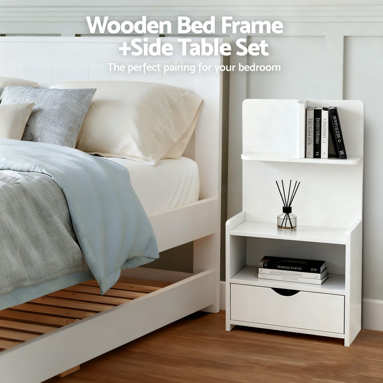 Beds & Bed Frames: Artiss King Single Bed Frame and Bedside Table White
