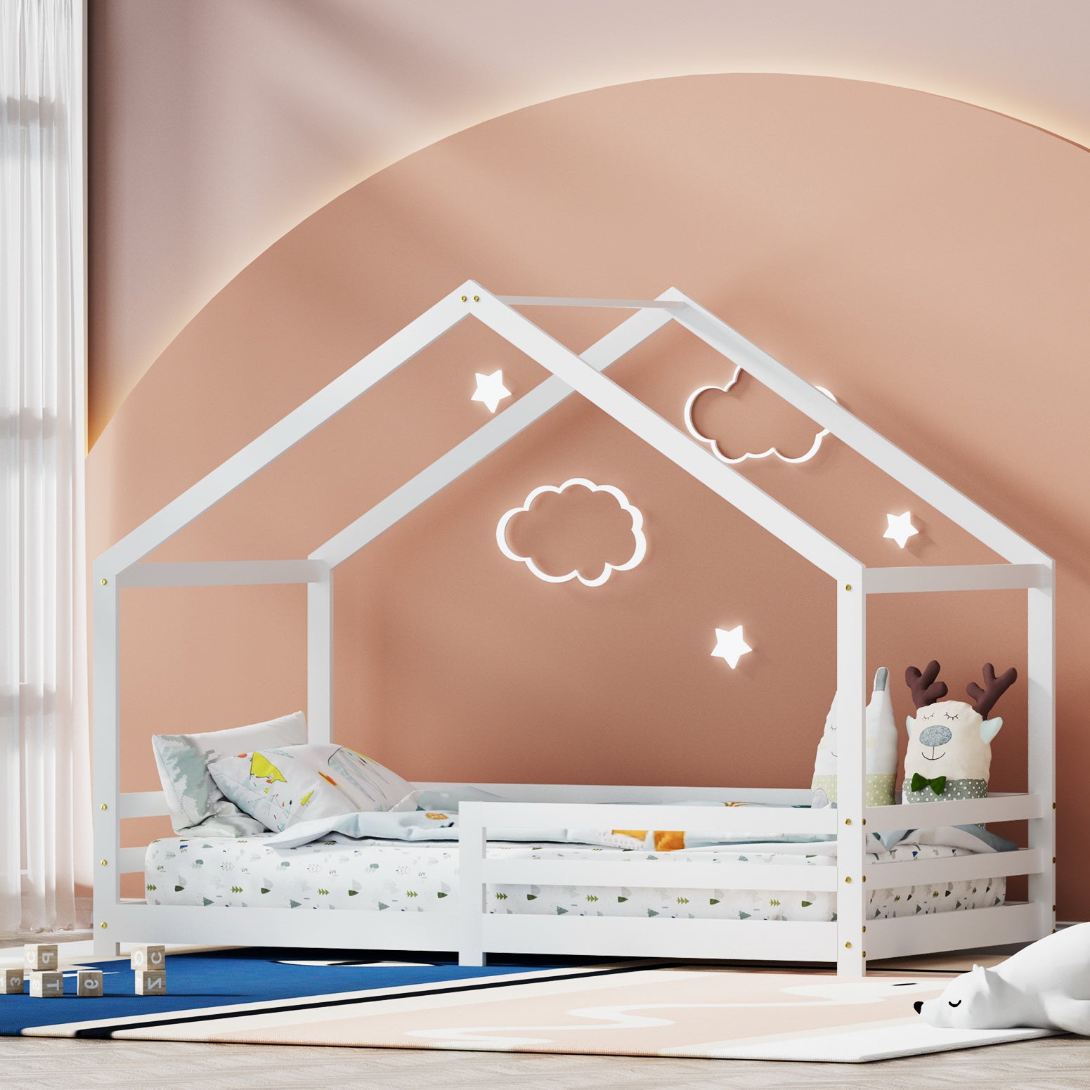 Kid's Beds & Bed Frames: Artiss Bed Frame Wooden Kids Single House Frame White AMOS