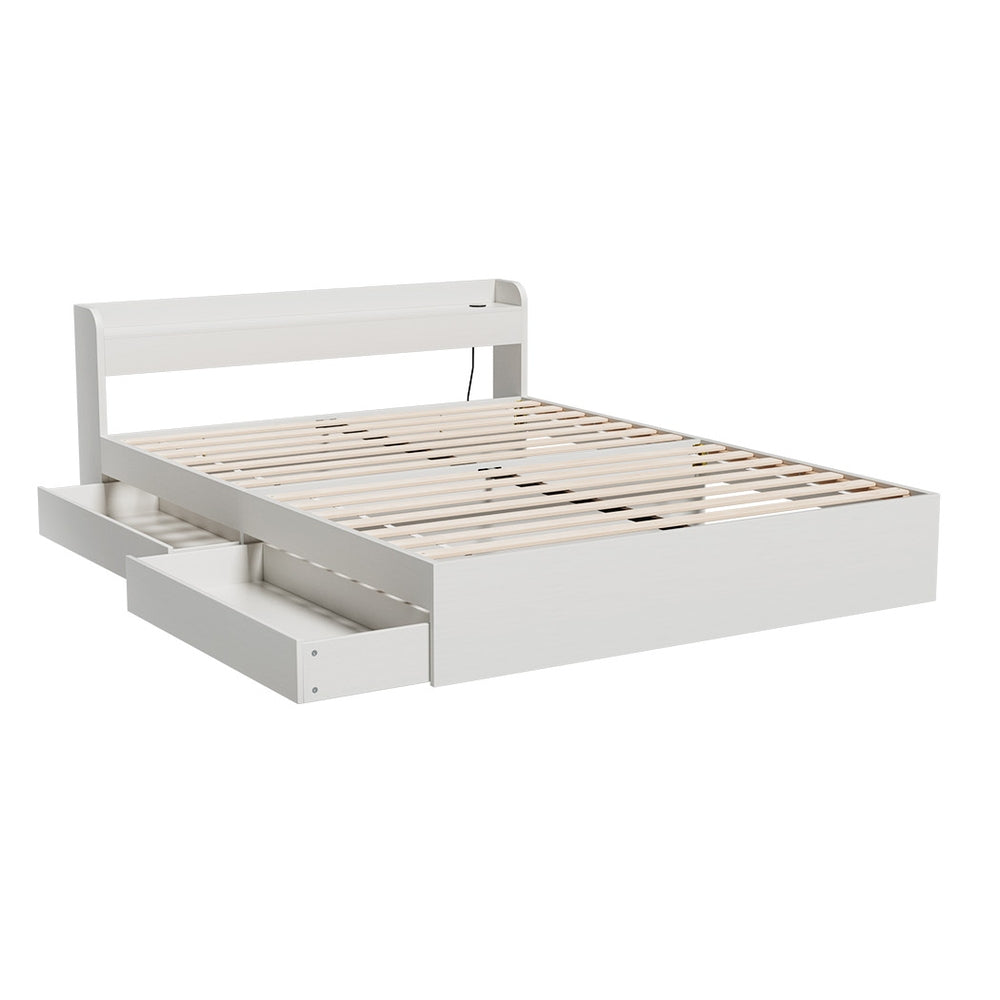 Beds & Bed Frames: Artiss Bed Frame Double Size Mattress Base wtih Charging Ports 2 Storage Drawers