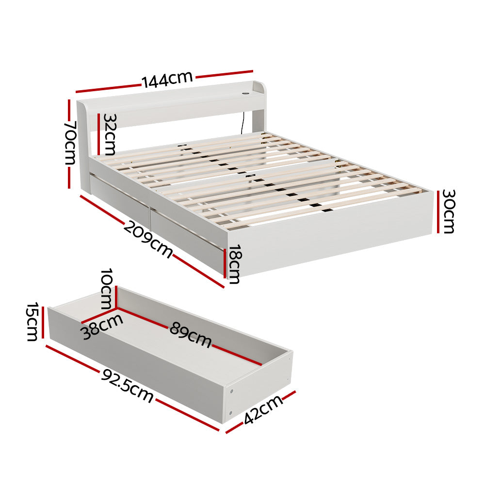 Beds & Bed Frames: Artiss Bed Frame Double Size Mattress Base wtih Charging Ports 2 Storage Drawers