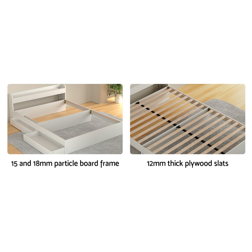 Beds & Bed Frames: Artiss Bed Frame Double Size Mattress Base wtih Charging Ports 2 Storage Drawers