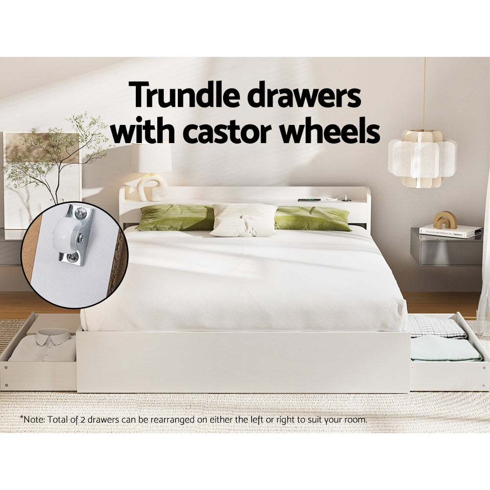 Beds & Bed Frames: Artiss Bed Frame Double Size Mattress Base wtih Charging Ports 2 Storage Drawers