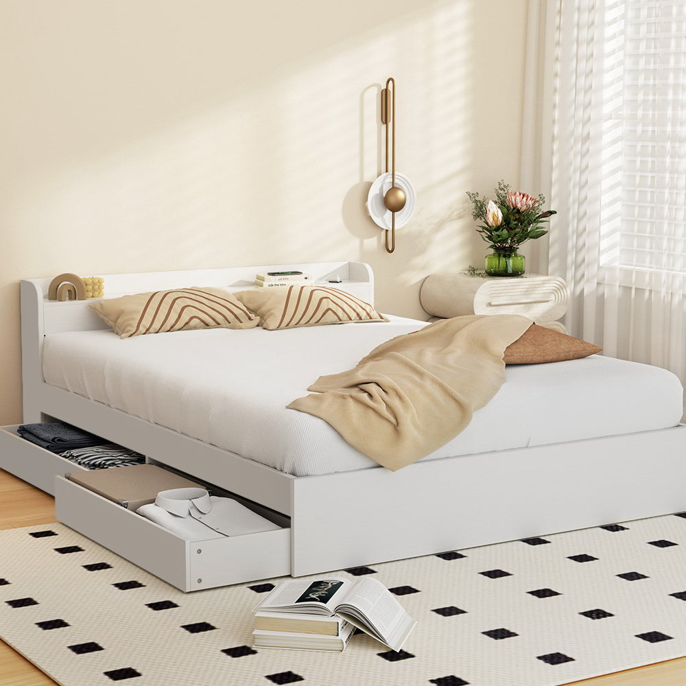 Beds & Bed Frames: Artiss Bed Frame Double Size Mattress Base wtih Charging Ports 2 Storage Drawers
