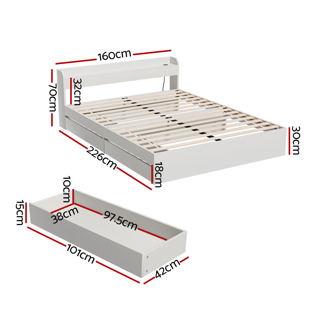 Beds & Bed Frames: Artiss Bed Frame Queen Size Mattress Base wtih Charging Ports 2 Storage Drawers