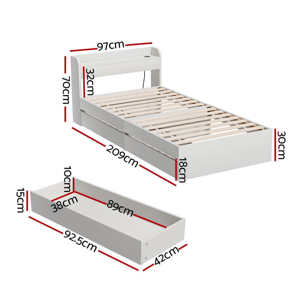 Beds & Bed Frames: Artiss Bed Frame Single Size Mattress Base wtih Charging Ports 2 Storage Drawers
