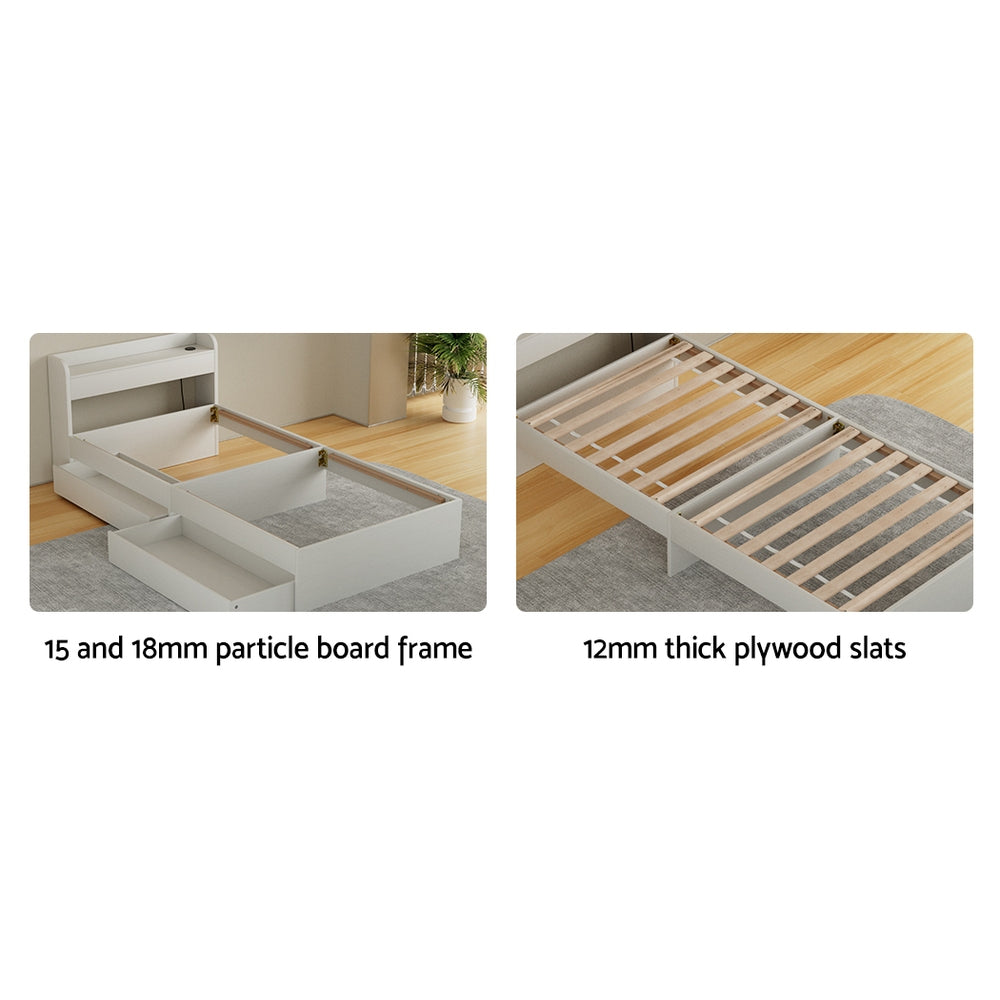 Beds & Bed Frames: Artiss Bed Frame Single Size Mattress Base wtih Charging Ports 2 Storage Drawers