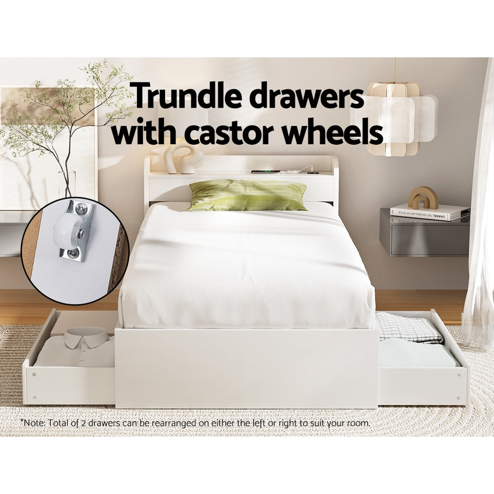 Beds & Bed Frames: Artiss Bed Frame Single Size Mattress Base wtih Charging Ports 2 Storage Drawers