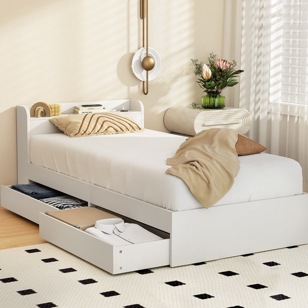 Beds & Bed Frames: Artiss Bed Frame Single Size Mattress Base wtih Charging Ports 2 Storage Drawers