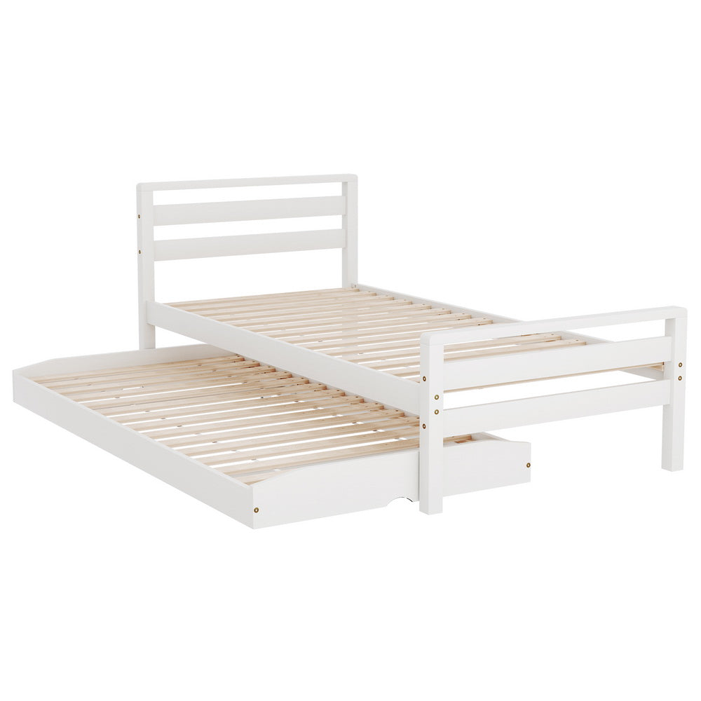 Beds & Bed Frames: Artiss Bed Frame Single Size 2-in-1 Trundle Wooden White AVIS