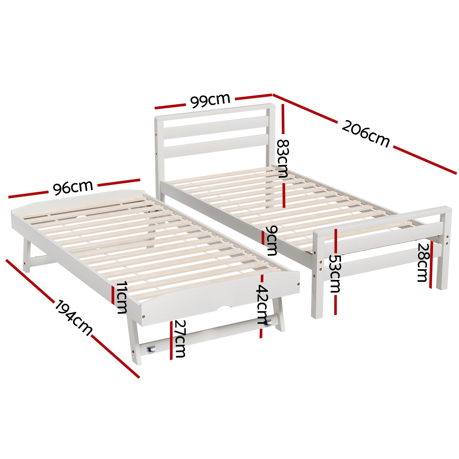 Beds & Bed Frames: Artiss Bed Frame Single Size 2-in-1 Trundle Wooden White AVIS