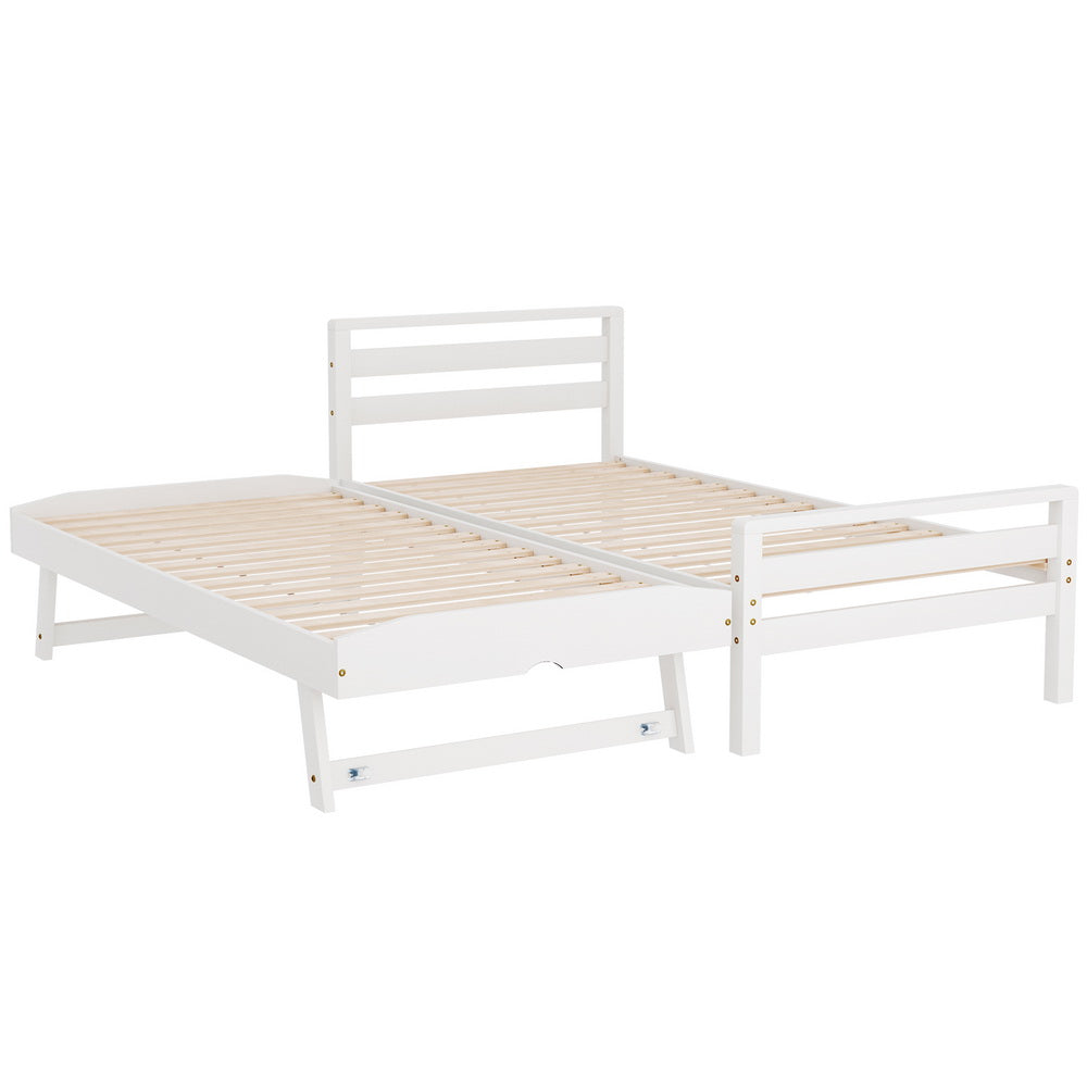 Beds & Bed Frames: Artiss Bed Frame Single Size 2-in-1 Trundle Wooden White AVIS